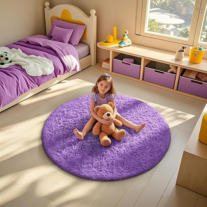 Ophanie Round Rug 4Ft Purple Circle Area Rug, Cute Room Decor for Teen Girls, Fluffy Fuzzy Bedroom Carpet, Plush Soft Shaggy Living Room Rugs for Kids Home Decor Aesthetic, Nursery
