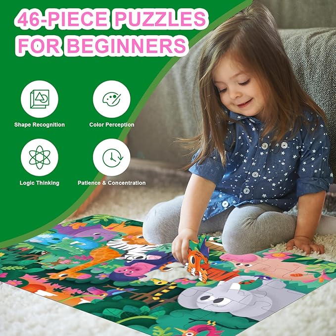 TAOZI&LIZHI Floor Puzzles for Kids, Jungle Animals Jigsaw Puzzle for Kids Ages 3-5, 4-8, Christmas Toddler Puzzles with Hand-held Gift Box, Preschool Learning & Education Toys(46 pcs, 2 x 3 feet)