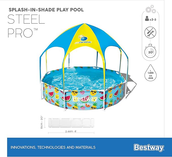 H2OGO! Kids Splash-in-Shade 8-Foot Round Steel Frame Above Ground Pool with Water Mister and Canopy Sunshade, Green Tropical Leaf Print