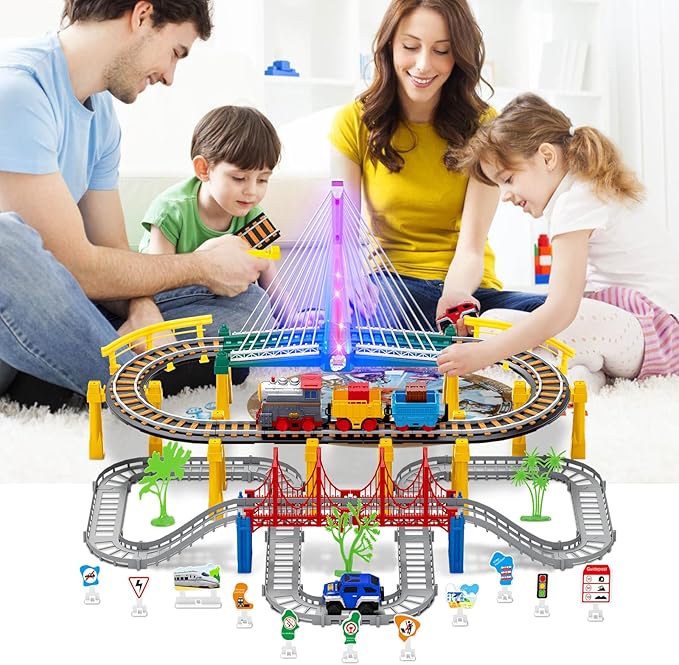 Electric Train Set for Kids Ages 4-8 with Train Tracks Set & Car Tracks Lights Up Bridge Road Sign Realistic Sound Train Track Accessories Playset Boy Toys Birthday 4 5 6 7 8+ Year Old