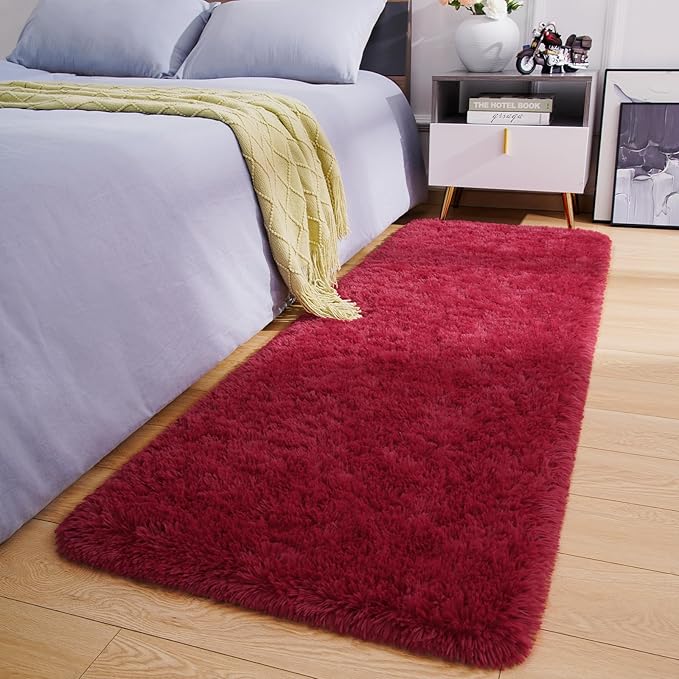 Amearea Shag Fluffy Runner Rug for Bedroom Girls Living Room, 2x6 Feet Extra Soft and Fuzzy Shaggy Rugs, Non Slip, Indoor Floor Long Carpet Mat for Boys Nursery Home Decor, Wine Red