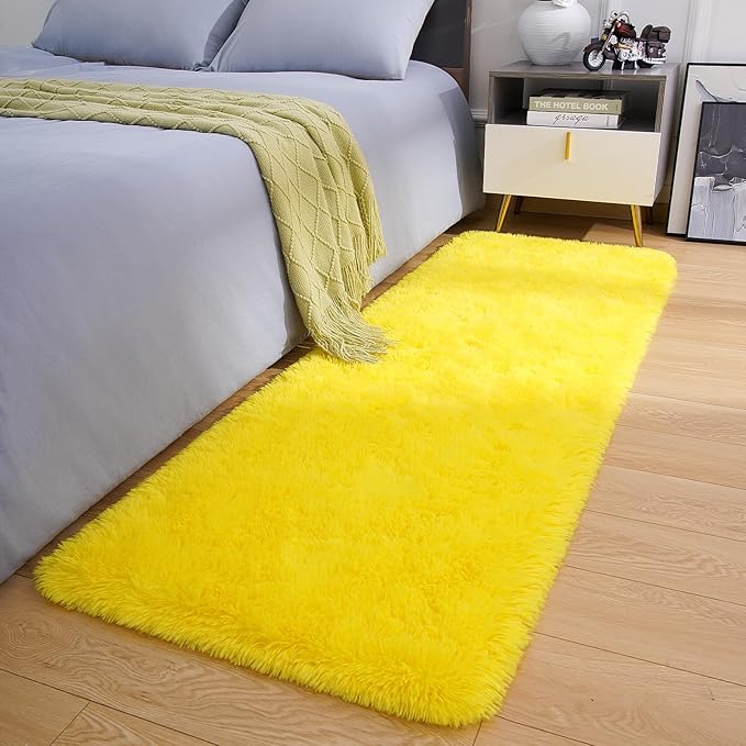 Amearea Shag Fluffy Runner Rug for Bedroom Girls Living Room, 2x6 Feet Extra Soft and Fuzzy Shaggy Rugs, Non Slip, Indoor Floor Long Carpet Mat for Boys Nursery Home Decor, Yellow