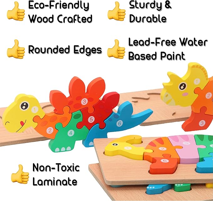 MONTESSORI MAMA Toddler Puzzles for Kids Ages 3-5 Dinosaur Puzzle 5-Pack, Montessori Toys for 3 Year Olds, Toddler Toys Age 2-4 Gifts for 3 Year Old Boys Girls, Wooden Puzzles for Toddlers