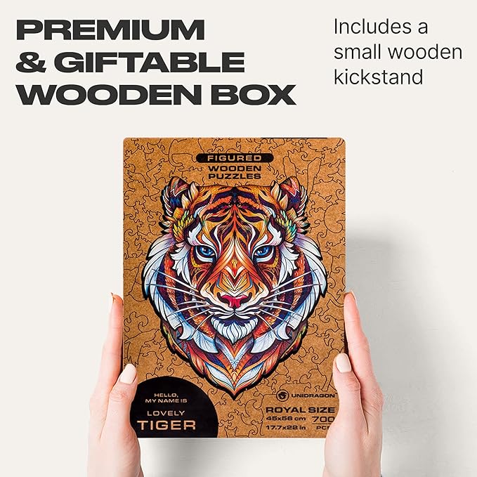 UNIDRAGON Original Wooden Jigsaw Puzzles - Lovely Tiger, 700 pcs, Royal Size 17.7"x22", Beautiful Gift Package, Unique Shape Best Gift for Adults and Kids