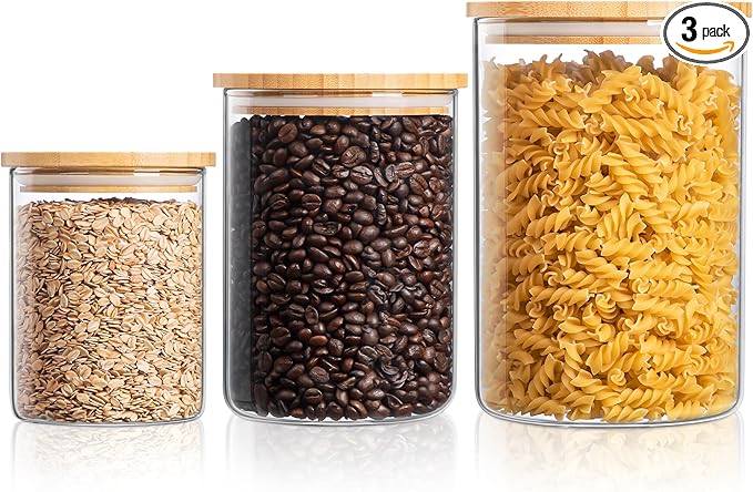 Glass Storage Containers with Wooden Lids, Airtight Jar for Kitchen Countertop Set of 3, Pantry Flour and Sugar Canisters for Candy, Cookie, Rice, Coffee Beans, Snacks, Spices