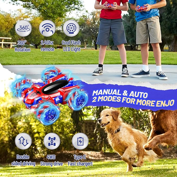 Remote Control Car for Kids - Spider 360° Flip Double-Sided RC Car, 4WD Rechargeable Drift Racing Toy with Strip Lights & Headlights - Birthday Gifts for Boys Girls Ages 4-12