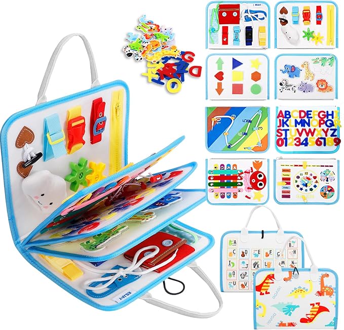 Esjay Toddler Busy Board Montessori Toys, Sensory Board Educational Activities for Learning Fine Motor Skills, Gifts for Girls Boys Toddlers, Travel Toys for Airplane Car,White Dinosaur