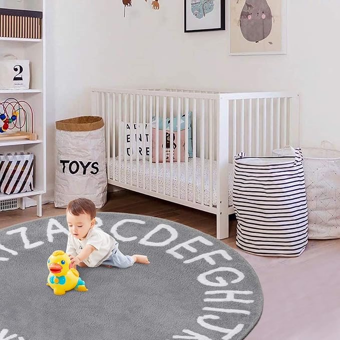 SHACOS Ultra Soft Round ABC Rug 4 Ft Alphabet Nursery Rugs Kids Room Toddlers Baby Crawling Playroom Fluffy Non Slip Washable 47 inch Circle Educational Carpet for Classroom, Gray