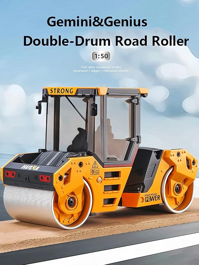 Gemini&Genius Double-Drum Road Roller Toy Construction Vehicle Toy 1/50 Scale Die-cast Grader Engineering Road Planer Vehicle, Asphalt Drum Compactor Alloy Model Toys and Collections for Kids