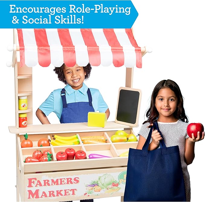 Wooden Farmers Market Stand Toy- 30+ Food PCs Include Fruit Veggies Chalkboard & Cash Register- Pretend Role Play, Fun Indoor Natural Wood Grocery Set- Playroom Daycare Activity Center- Kids Gift
