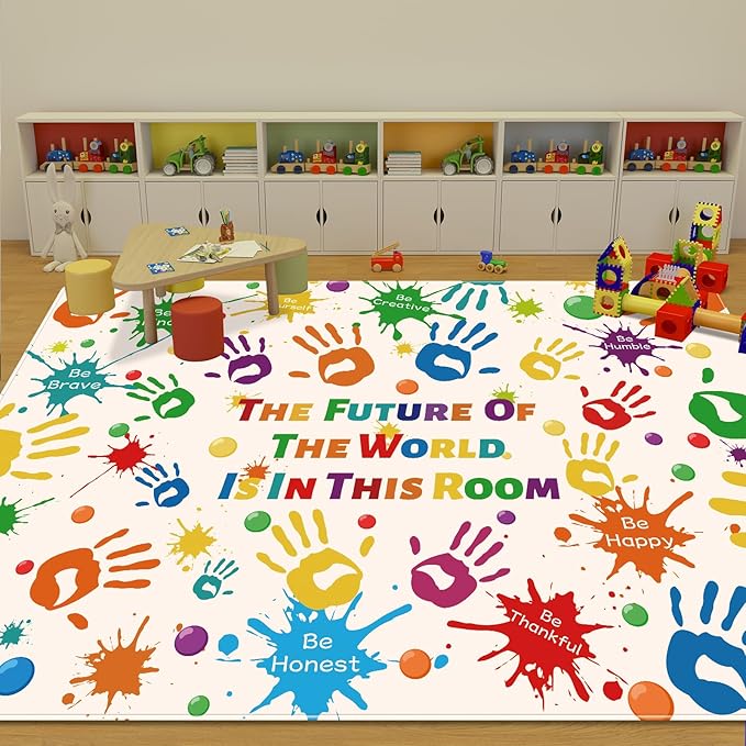 Colorful Kids Rug, Washable Rug for Kids, Handprints Area Rugs for Kids Bedroom, Non-Slip Play Mat Ultra Soft Thick Indoor Plush Rugs for Playroom Classroom Nursery Decor (9'2" X 6'7")