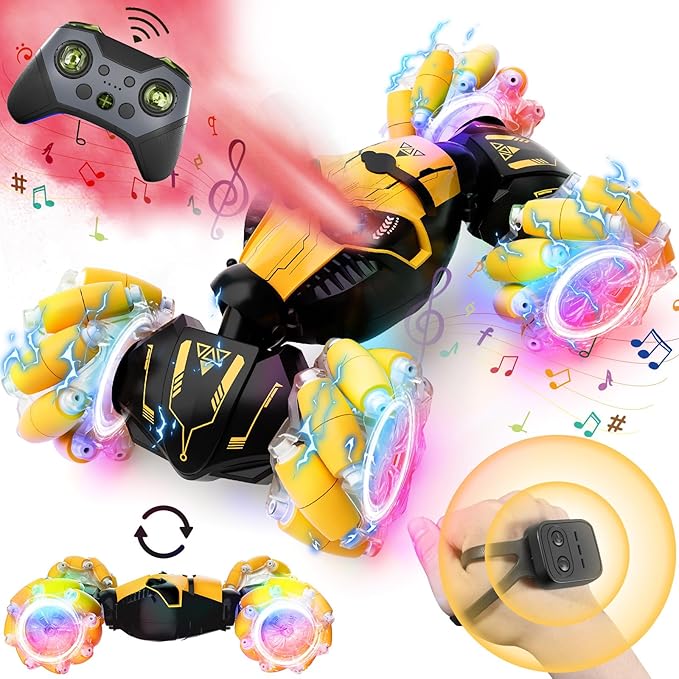 Remote Control Car for Boys 8-12, 4WD Gesture Sensing RC Stunt Car 2.4Ghz with Lights Music Sprayer RC Cars for Boys Age 4-7 8-12 Hand-Controlled Cars Toys Birthday Gifts for Kids Girls Yellow