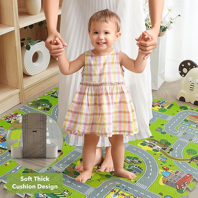 Skyweaver Traffic Play mat Puzzle Foam Interlocking Tiles – Kids Road Traffic Play Rug - Children Educational Playmat Rug - Interlocking Foam Tiles City Road Track Puzzle Mat (18Pcs)