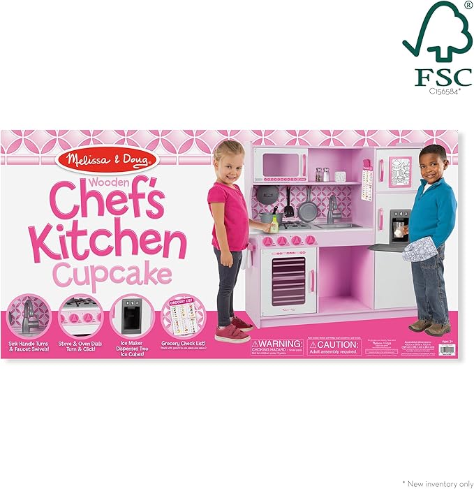 Melissa & Doug Wooden Chef’s Pretend Play Toy Kitchen With “Ice” Cube Dispenser – Cupcake Pink/White - FSC Certified