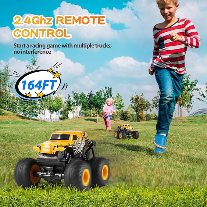 Remote Control Car, 2.4Ghz All Terrain Monster Truck Toys, RC Truck with Music, 3 Lighting Effects, 360 Stunt Capable, All Included Ready to Run, Toy Gifts for Boys and Girls (Yellow)