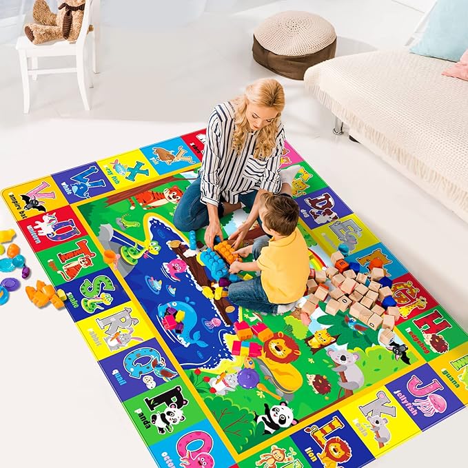 Kids Play Rug - Animals Print Baby Floor Mat, ABC Educational Area Rug for Nursery & Playroom, Soft Non-Toxic Crawling Tummy Time Mat (Green, 78.7X59 INCH)