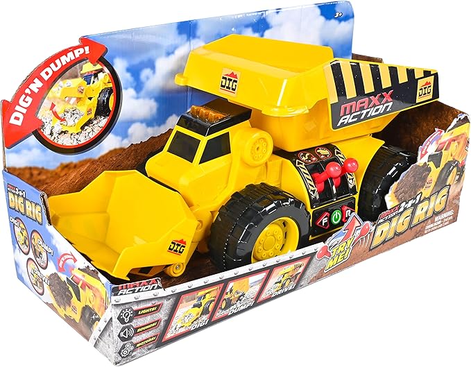 Maxx Action 19'’ 2-N-1 Motorized Dig Rig – Excavator and Dump Truck Toy with Joystick Control for Toddlers | Gift for Kids 3+ | Lights, Sounds & Interactive Construction Vehicle, Batteries Included
