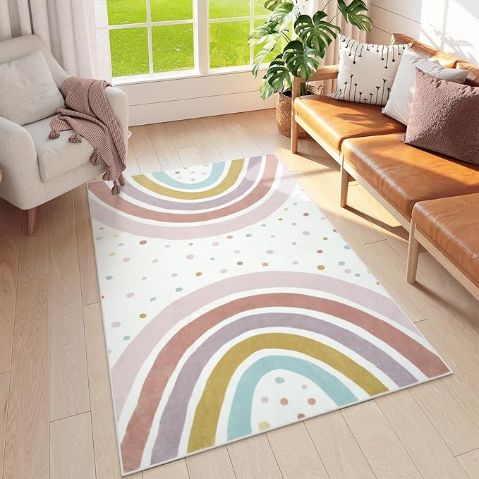 STARUIA Boho Rainbow Rug for Kids Room, 4x6 Washable Nursery Rug for Girls Bedroom Princess Castle, Soft Kids Carpet Non-Slip Area Rug for Classroom Playroom Tent