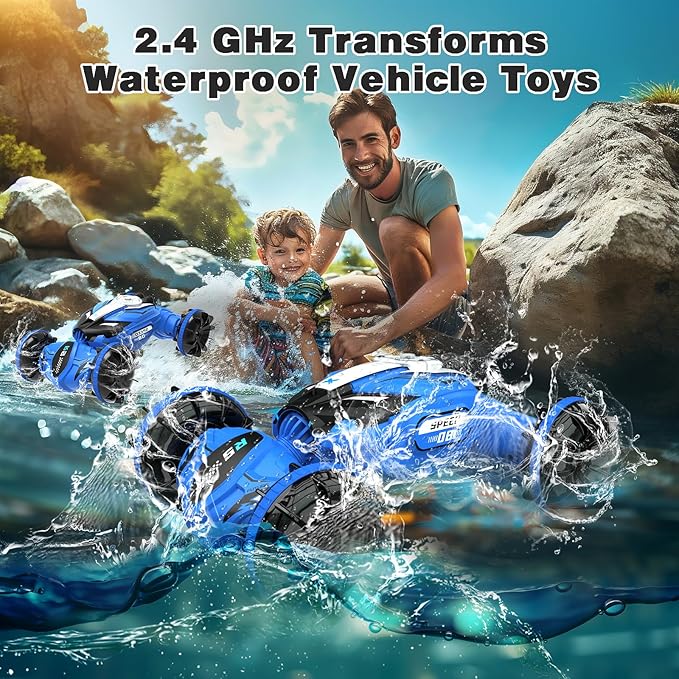 FEIMUOSI Amphibious RC Car - 4WD Gesture RC Stunt Car 2.4 GHz Transforms Waterproof Vehicle - Toys for 6-8 Year Old Boys, All Terrain Summer Beach Pool Toys for Kids Ages 5-7 6-8 8-13