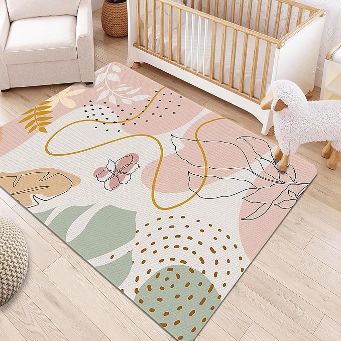 3x5 Boho Entryway Rug, Boho Flower Area Rugs for Girl Bedroom, Abstract Floral Pink Carpet for Living Room, Washable Kids Nursery Rugs for Classroom Decor Non-Slip Kids Playroom Rugs Mats for Floor
