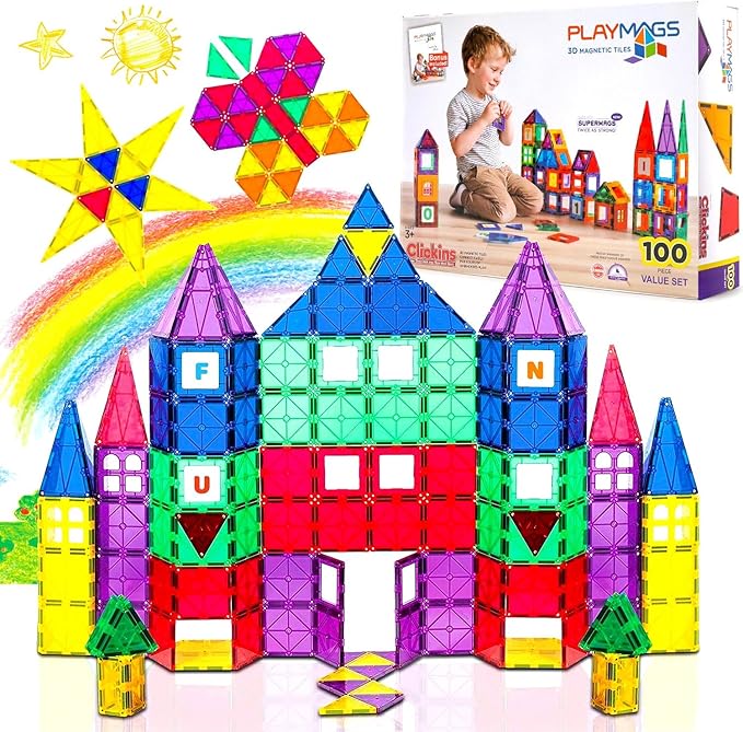Playmags 100-Piece Magnetic Tiles Building Blocks Set, 3D Magnet Tiles for Kids Boys Girls, Educational STEM Toys for Toddlers…