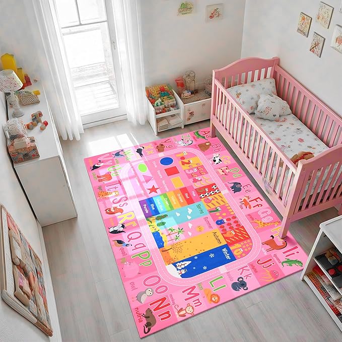 Pink Kids Rug for Playroom Classroom, ABC Alphabet Numbers Play Toddlers Rugs, 4x6 Learning Educational Bedroom Floor Mat, Washable Baby Carpet for Girls Room, Nursery, Preschool, Daycare