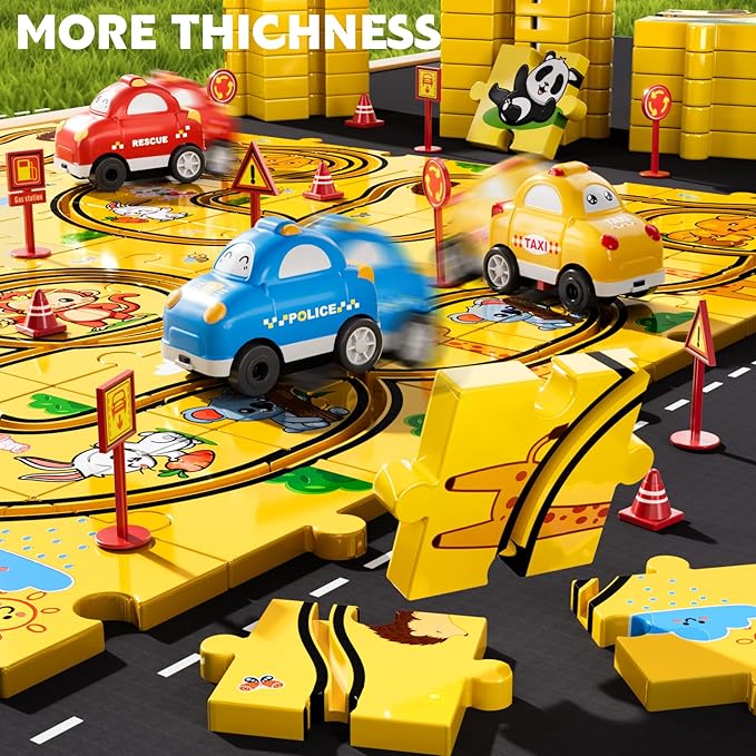 64 PCS Puzzle Race Cars Track Set Toys for Kids Boys, Puzzle Racer Kids Car Track Set Ages 3-5 4-6, Toys Gifts for 3 4 5 Year Old Boys, Ideal 3 4 5 Year Old Boys (Animals)