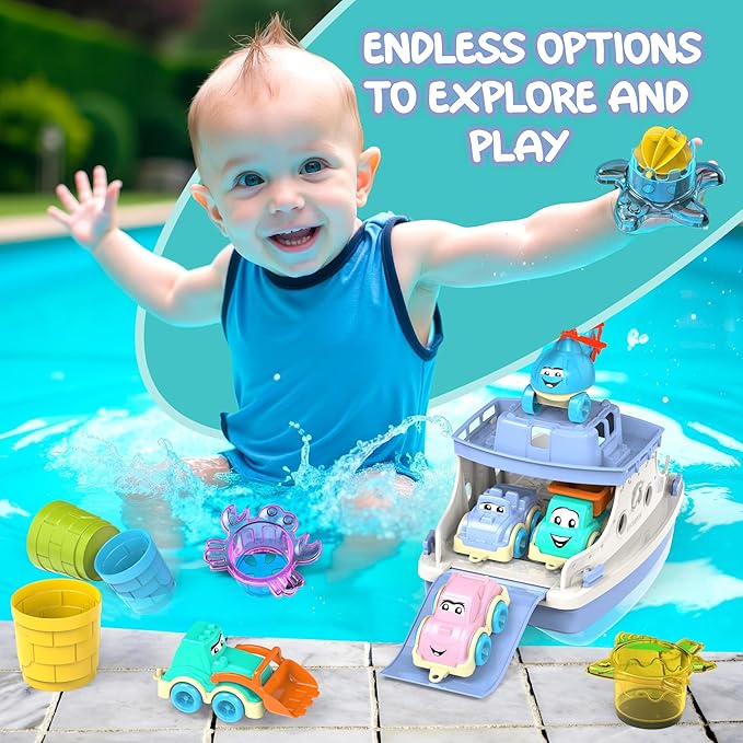 Ferry Boat Bath Toys Set for Kids 15 Pcs | Includes Ferry, Cars, Trucks, Helicopter, Stacking Cups & Toy Animals for Baby Boys & Girls | Water Bathtub Indoor Games for Toddlers | Kids Ages 1+