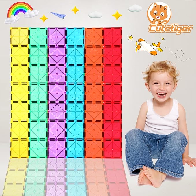 Magnetic Tiles, 64PCS Magnet Building Toys, Magnetic Building Set, Stacking Blocks, Perfect STEM Toys Gift for Kids Boys and Girls