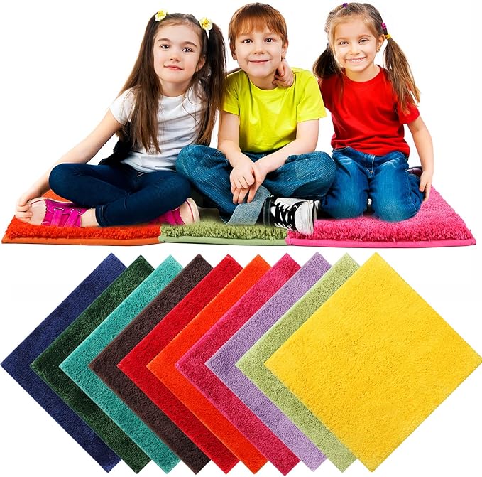 10 Pcs Kids Carpet Square Seats Soft Rainbow Floor Rug Mats Warm Colorful Hemming Floor Rug Cushions for Classroom Group Story Activity Home Play Area(18 Inch,Cute Color)