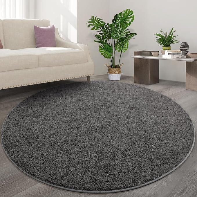 FlyDOIT Round Area Rugs for Bedroom Living Room, 5x5 Dark Grey Super Soft Comfy Thickened Memory-Foam Indoor Circle Carpet, Modern Aesthetic Minimalist Carpet for Boys Girls Adults Nursery Home Décor