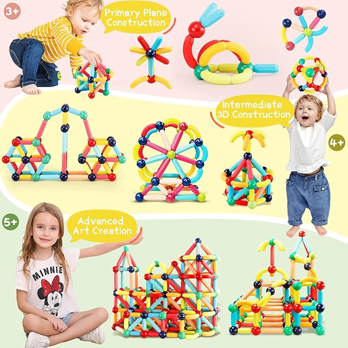 64PCS Magnetic Building Blocks, Montessori Magnet Toys for Kids Toddlers, STEM Learning Toys for Boys and Girls, Creativity Kids Game
