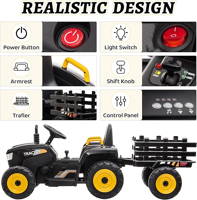 TOBBI Kids Electric Ride On Toy Tractor, 12v Battery-Powered 4 Wheels Ride On Car with Trailer for Toddlers 3-6 Years-Black