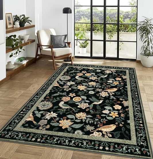 Floral Washable 5x7 Area Rug, Boho Birds Black/Beige Rugs for Living Room Soft Non-Slip Vintage Flower Bedroom Rug, Low Pile Botanical Indoor Carpet for Nursery Playroom Dining Room