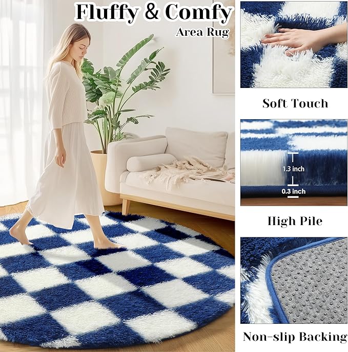 KICMOR Round Rug 4ft for Bedroom, Soft Fluffy Circle Area Rug Cute Small Living Room Carpet, Blue and Cream White Fuzzy Shag Shaggy Checkered Circular Rug for Kids Room Nursery Home Decor Aesthetic