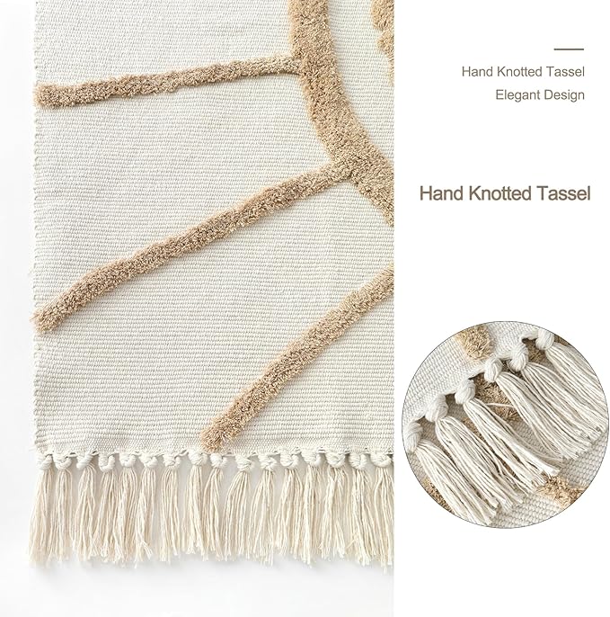 OJIA Boho Bathroom Rug 2'x3', Handwoven Washable Bath Mat with Tassels, Bohemian Beige Small Rug Entry Rug, Farmhouse Tan Sun Tufted Kitchen Runner Cotton Throw Rug for Bedroom/Laundry Room