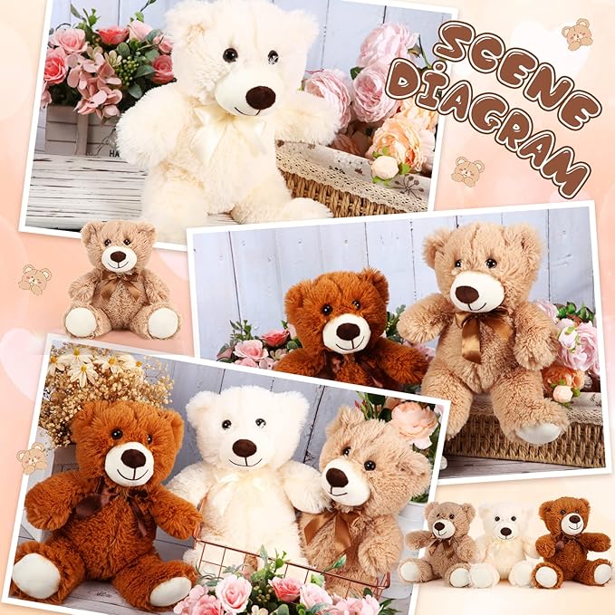 HyDren 6 Pcs Bear Stuffed Animal Plush Toys Soft Plush Dolls Bear Sleeping and Playing Toys for Baby Shower Decoration Boy(Long Plush,White, Brown, Beige)