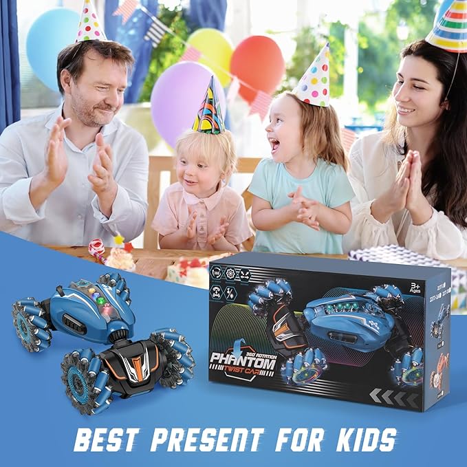 Remote Control Car, 4WD Gesture Sensing RC Stunt Car for Kids with Light & Music, 2.4Ghz 360°Rotation RC Toy with Spray, Hand R/C Speedcar for Boys Girls Age 6 7 8 9 10 Year Old Blue
