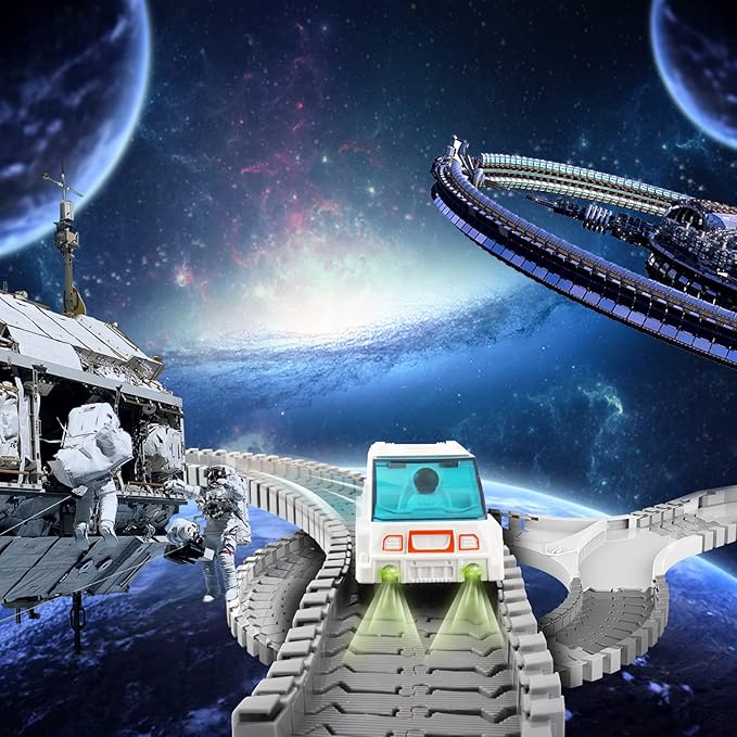 VANLINNY Space Toys for Kids, 204PCS Train Toys for Boys 6-8 with 1 Mini Star Projector, 1 Light Up Car and 2 Astronaut Dolls, Flexible Race Track Birthday Xmas Gifts Set for Girls Boys 4-7