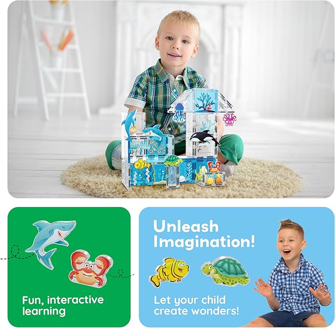 PicassoTiles Magnet Tiles Magnetic Building Blocks Aquarium Marine Animal Theme Set with 8 Character Action Figures Shark Crab Turtle STEM Toys Construction Preschool Toddlers Kids Boys Girls 3+ PTQ15