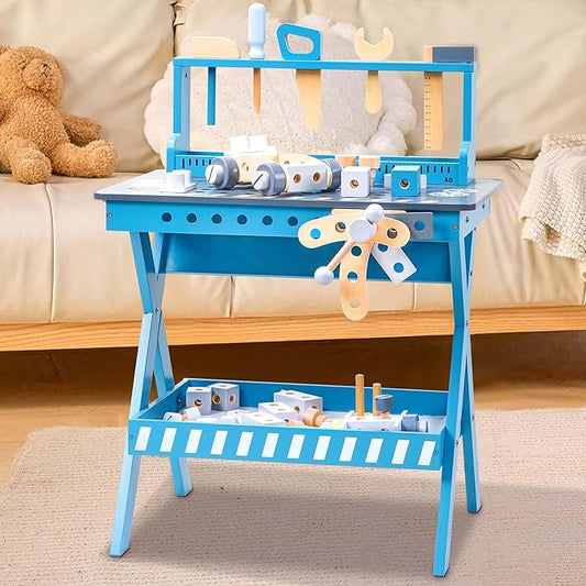 Kids Tool Bench with Sturdy Wood, Toddler Workbench with Realistic Toy Construction Set, Toy Tools Set and Multiple Ceative Pieces for 3-6 Year Old Boys and Girls, Dark Blue