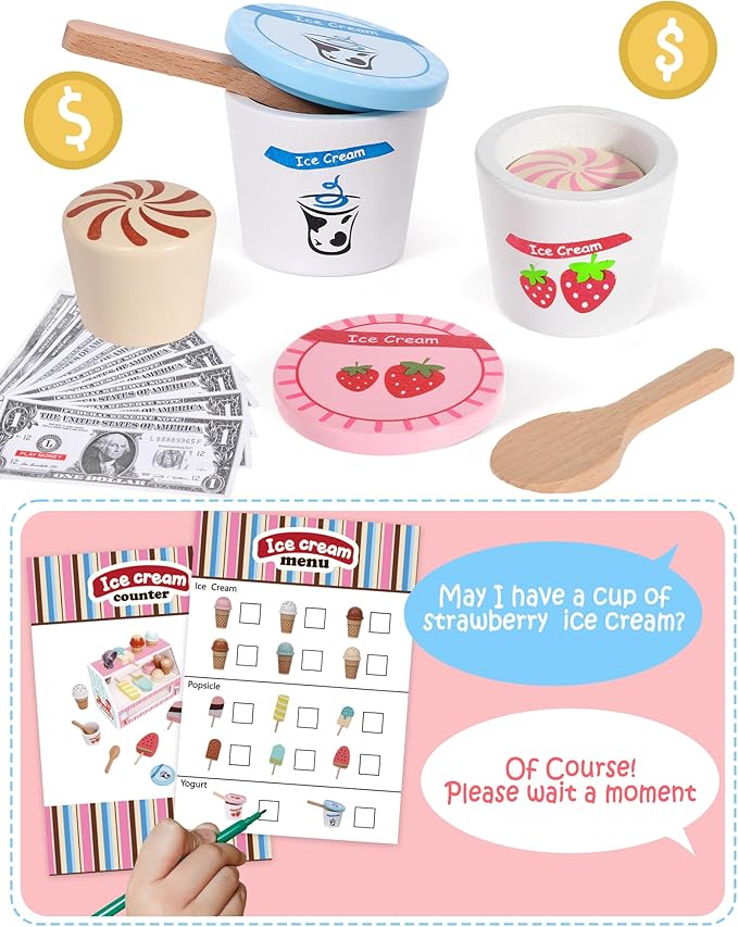 Wooden Ice Cream Toys Kids Kitchen Play Store for Toddlers Girls, Play Kitchen Accessories with Scoop & Menu & Fake Money, Wooden Toys for 3 4 5 Year Old Girls Boys Birthday