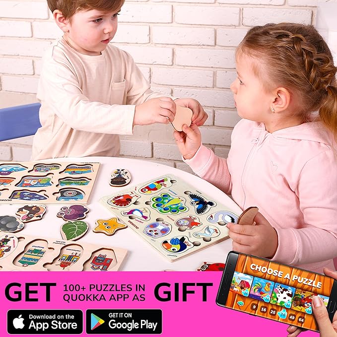 QUOKKA Wooden Puzzles for Toddlers Ages 1-3-5 – Animal Peg Puzzles for Kids 2-4 Years Old – Set of 3 Wood Learning Travel Toys for Children – Gift Educational Game for Boys and Girls