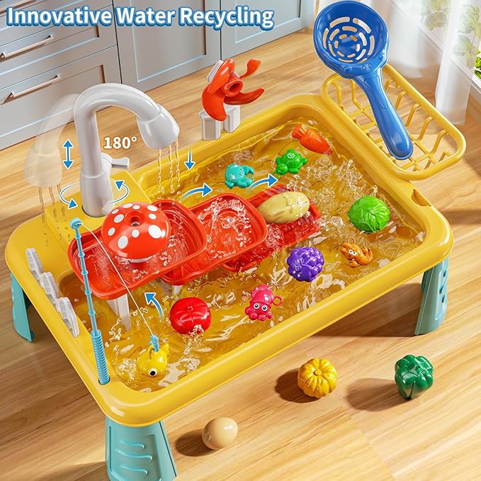 Water Table Toy for Kids 2 3 4 5 6 Years Old - Outdoor Kitchen Toys Set with Electrical Faucet, Toddler Fishing Games, Summer Beach Sensory Water Play Table, Gifts for Boy Girl 2+ 3-5(Yellow)
