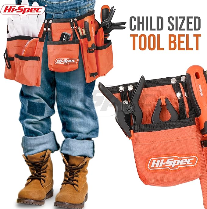 Hi-Spec 16pc Orange Kids Tool Kit Set & Child Size Tool Belt. Real Kit for DIY Building, Woodwork & Construction Learning for Kids