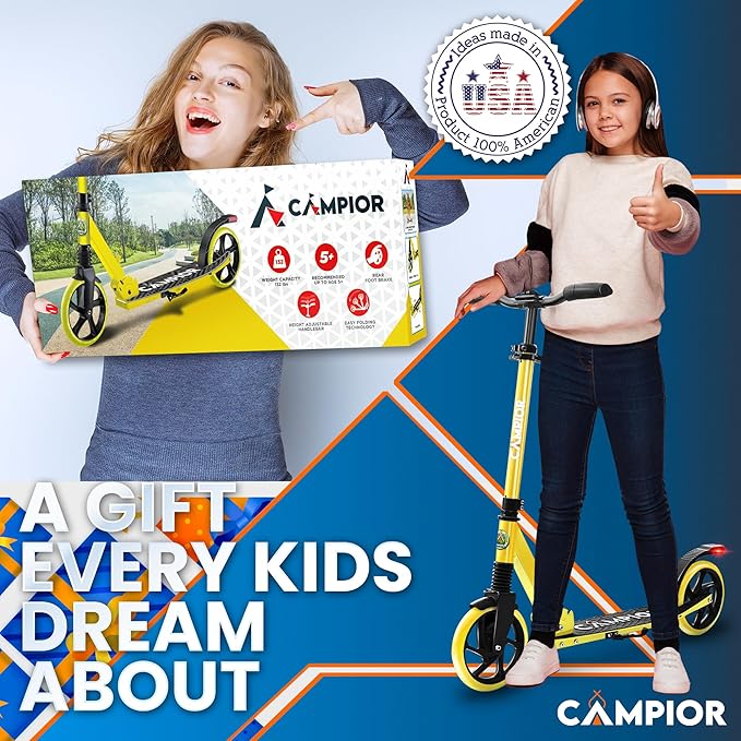 Kick Scooter for Ages 6+, for Kids, Teens, and Adults, Max Load 240 LBS, Foldable, 8-inch Big Wheels for Kids and Adults, with Kickstand, 3 Adjustable Levels, Child Safety Approved, Yellow