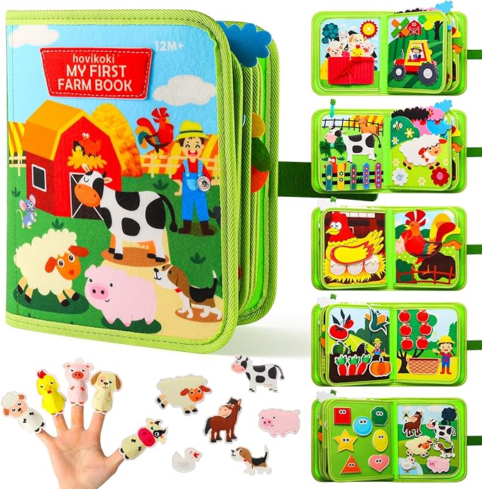 Busy Book for Toddlers 1-3 - Montessori Toys Busy Board for 1 Year Old Boy Girl Toys Educational Quiet Activity Books Learning Board Todder Airplane Travel Toy Birthday Gift - Farm Animals