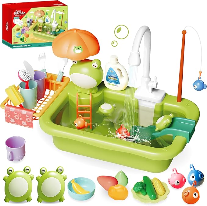 Play Sink with Running Water for Toddlers, Play Kitchen Sink Toy with Electric Faucet for Kids, Pretend Play Dishwasher Play Set with Floating Pool Toys and Fishing Game for Boys Girls