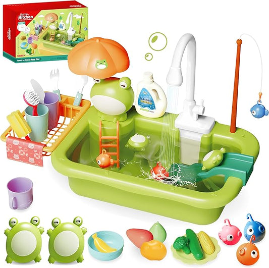 Play Sink with Running Water for Toddlers, Play Kitchen Sink Toy with Electric Faucet for Kids, Pretend Play Dishwasher Play Set with Floating Pool Toys and Fishing Game for Boys Girls