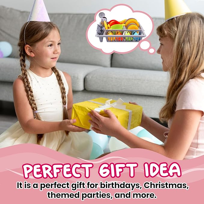 Play Dishes for Kids Kitchen | Pretend Play Kitchen Dishes Set with Drainer | Toy Dishes Kit | Pretend Dishes Cookware Set | Fun and Colorful | Childrens Durable Tableware Playset (33 Pcs)